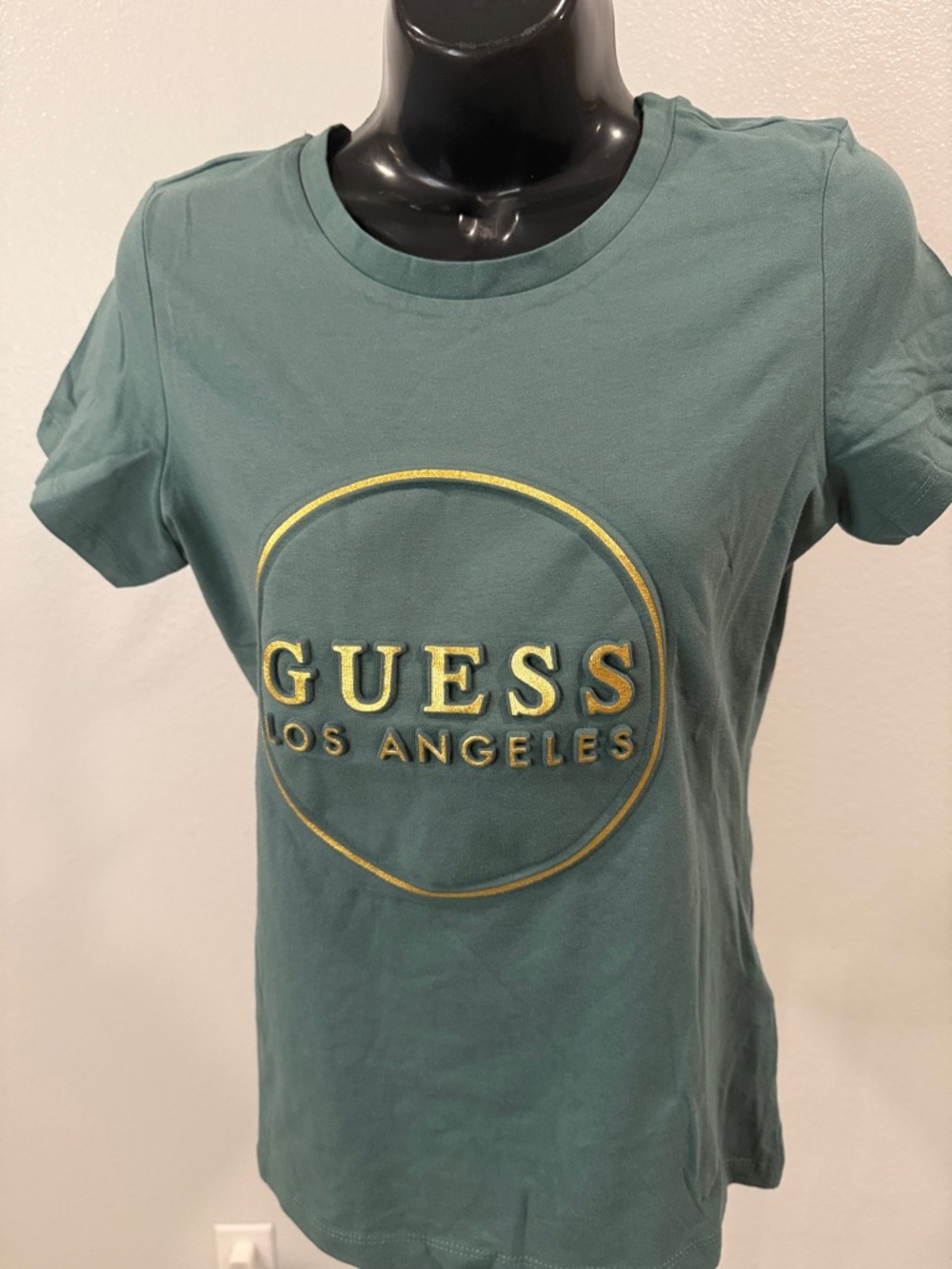 GUESS Green Short-Sleeve Logo Tee with Gold Emblem